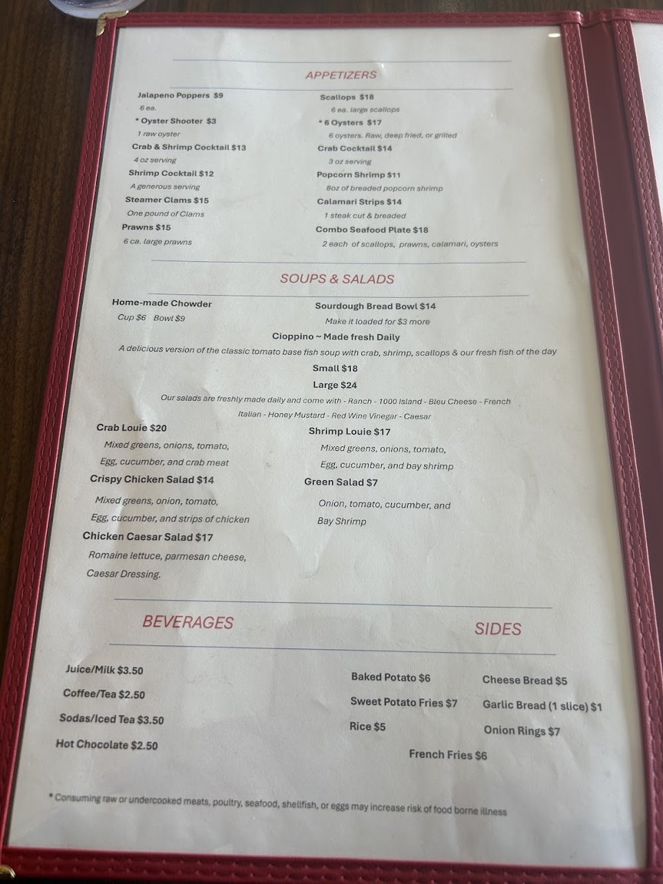 Seafood menu with chowder and small plates.